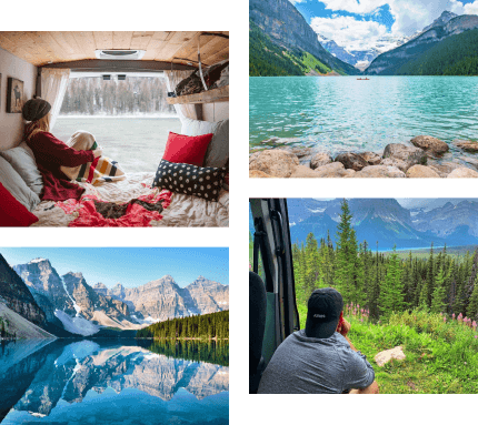 Four image collage. The top left image is of a woman sitting in the back of a campervan rental, looking at water. The top right image is of the water at Lake Louise. The bottom left image is of the Rocky Mountains. The bottom right image is of a man sitting in the campervan rental, looking at a forest.