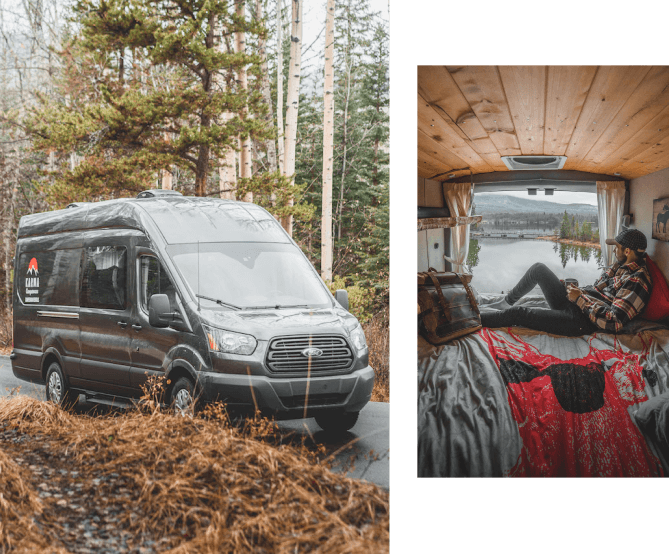 Two images: the image on the left is a campervan rental in the wood. The image on the right is a man sitting in the back of a campervan rental looking out at a lake.