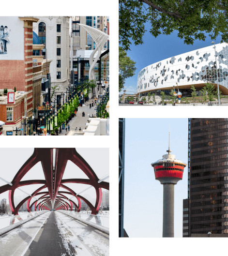 Four image collage. The top left image is a street view of Stephen Ave. in Calgary. The top right image is of the Calgary Public Library. The bottom left image is of the Peace Bridge in Calgary. The bottom right image is of the Calgary Tower.