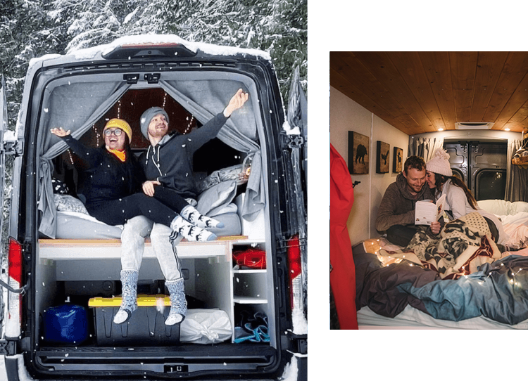 Collage of people using Karma Campervan in winter