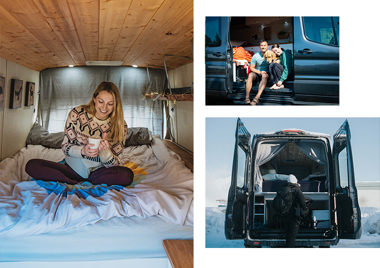 Three image collage. The image on the left is a woman having a cup of coffee in her campervan rental. The next image is a couple with a dog sitting inside of their campervan rental. The third image is a man looking in the back of his campervan rental in the winter.