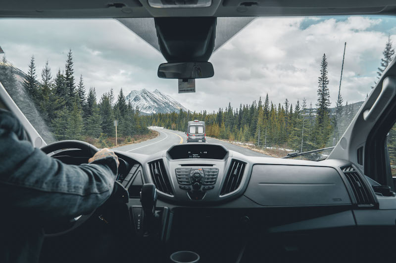 Karma Campervan driving through Canadian Rocky Mountains
