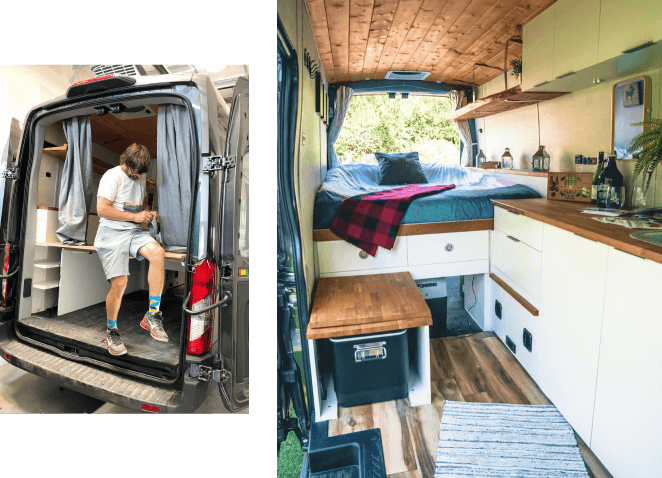 The inside of a Karma campervan and a man sitting inside a campervan.