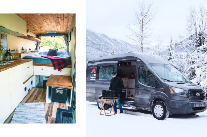 A Karma campervan parked in the snow and the view of inside a Karma campervan.