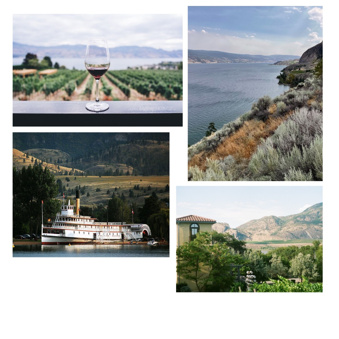 A collage of images showing the Okanagan lake, different wine farms in the Okanagan Valley, and a boat on the lake.