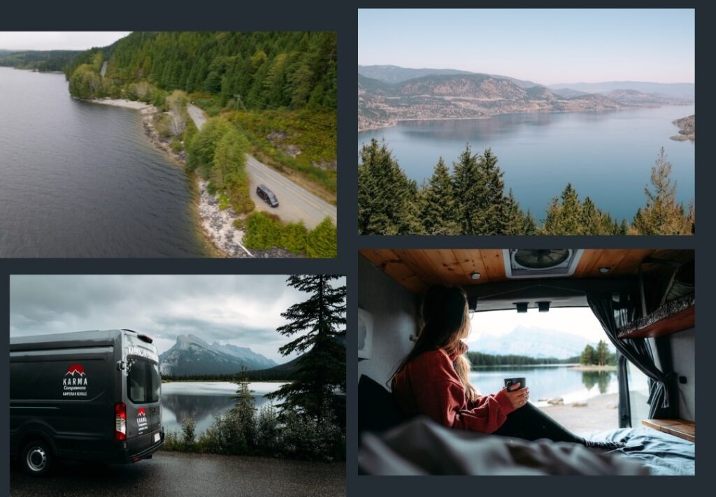 A collage of four images showing the Okanagan Lake, a Karma campervan parked next to a lake, a person sitting in a campervan holding a cup and looking at a lake, and a road running next to a lake with a campervan parked next to the lake.