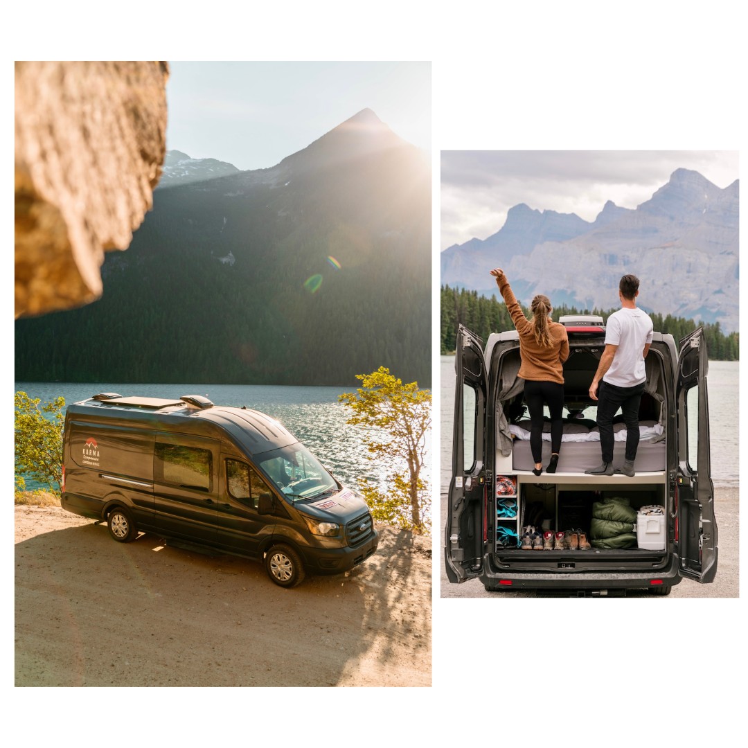 A Karma campervan parked by the Okanagan Lake next to a picture of two people standing on the back of a campervan looking at the lake.