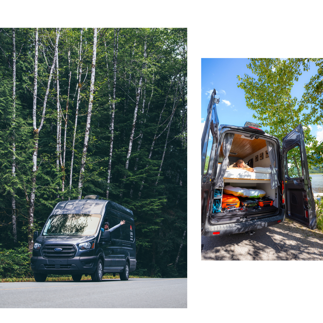 Two images: the image on the left is a campervan rental in the woods. The image on the right is a man sitting in the bed of a campervan rental looking out.